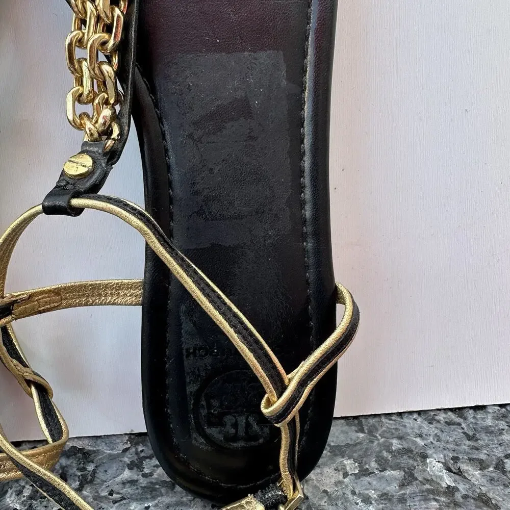 Tory Burch Shane Mestico T-Strap Sandals Women's sz 10 Black & Gold Tone Chain